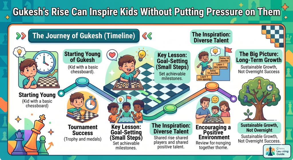 Gukesh became a world champion very young, and that can inspire many children. But parents should be careful with the message. The goal is not to tell every child, “You must become like Gukesh.” That can feel heavy. The better message is, “You can learn from the habits that helped him grow.”