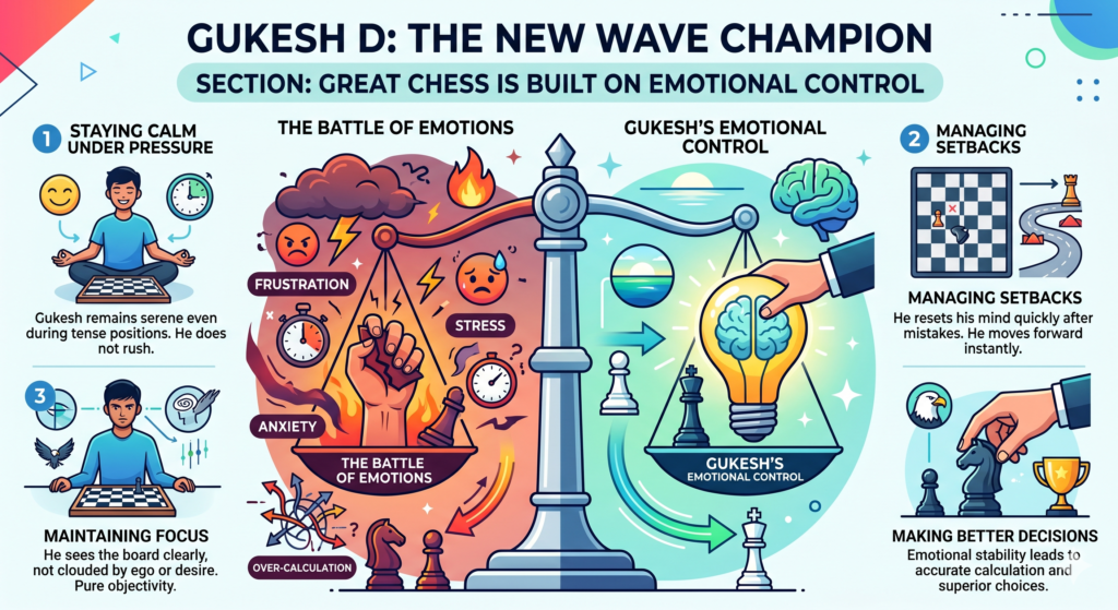 Gukesh’s chess is strong because his mind does not seem to shake easily. That may sound simple, but it is one of the hardest parts of chess. When a player is winning, it is easy to get too excited. 