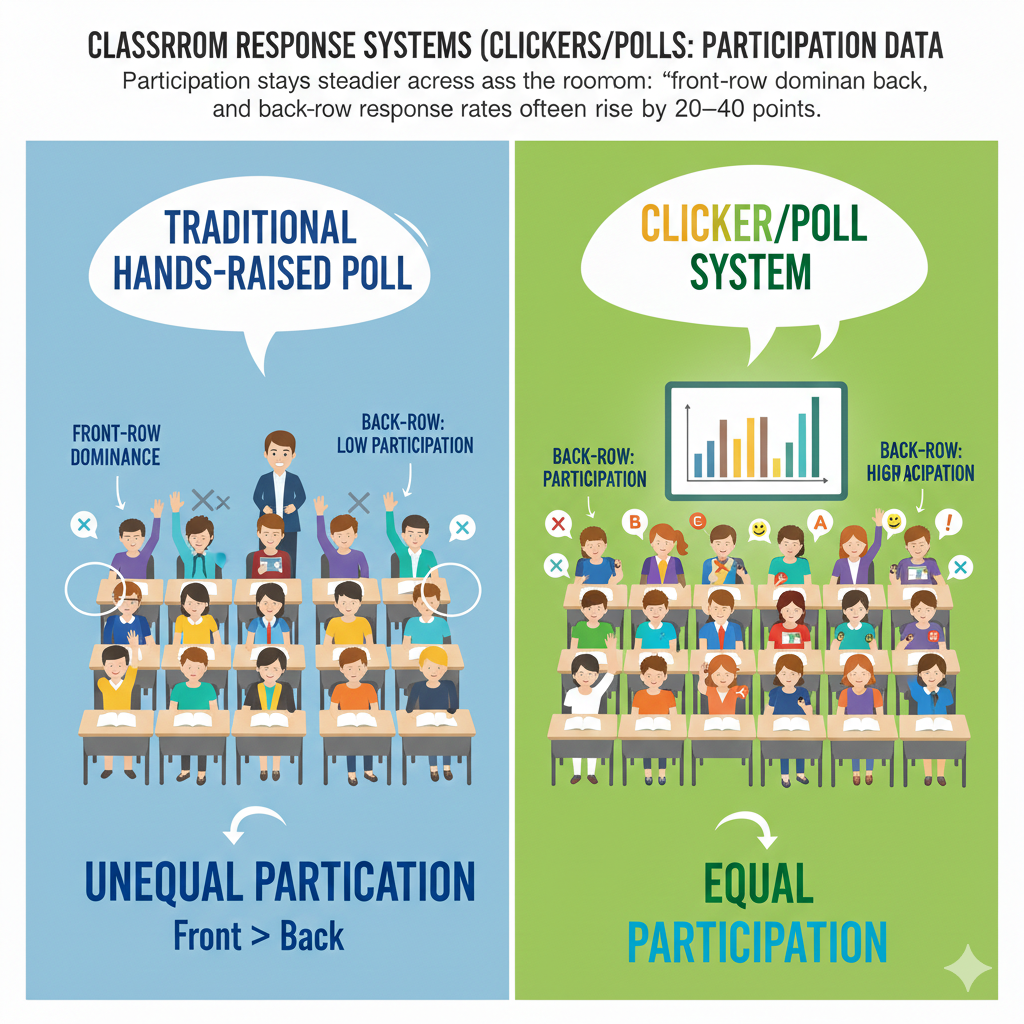 To strengthen this effect, avoid walking only toward students who usually speak. After a poll, move around the room evenly. Make eye contact with different sections.