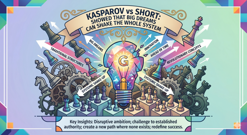 Garry Kasparov vs Nigel Short in 1993 was one of the most unusual world title rivalries. Kasparov was the world champion and one of the strongest players ever. Short was the challenger from England, and his rise to the title match was a huge moment for British chess.