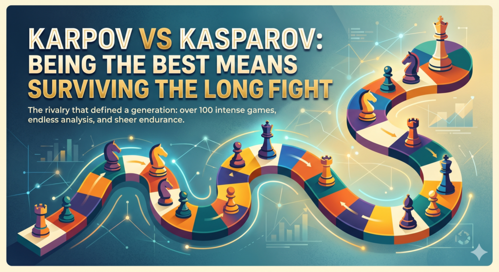 If Fischer vs Spassky was a world drama, Karpov vs Kasparov was a long storm. Their first world championship match began in 1984 and lasted five months. It reached 48 games before it was stopped without a winner, with Karpov leading 5–3 and 40 games drawn.