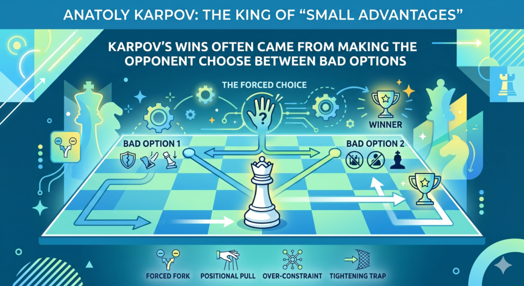 One of the most painful things in chess is having no good move. Karpov was a master at creating that feeling. His opponent would look at the board and see that every choice had a cost. Move the rook, and a pawn falls.