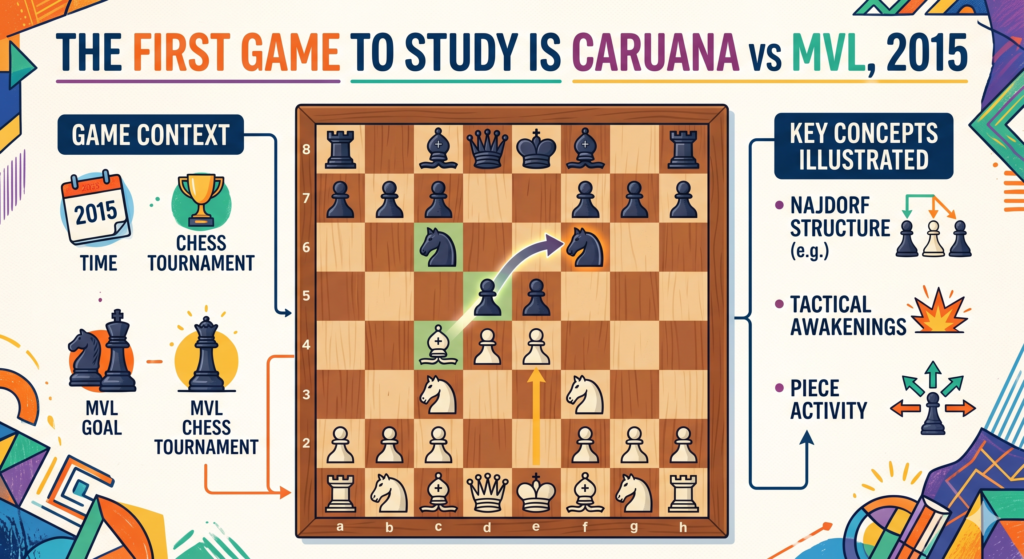 A great place to start is Fabiano Caruana vs Maxime Vachier-Lagrave from 2015. Chessgames lists this as a Sicilian Najdorf game where MVL won with Black in 35 moves. That matters because Caruana is not a careless attacker. He is one of the most accurate and best-prepared players in the world.