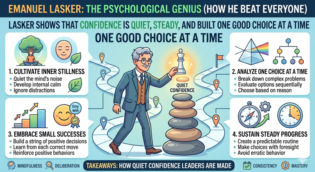 Many people think confidence looks loud. They think a confident child must move fast, talk big, and attack boldly. But real confidence is often quiet. Lasker’s confidence was not about showing off. It was about trusting his thinking in hard moments.
