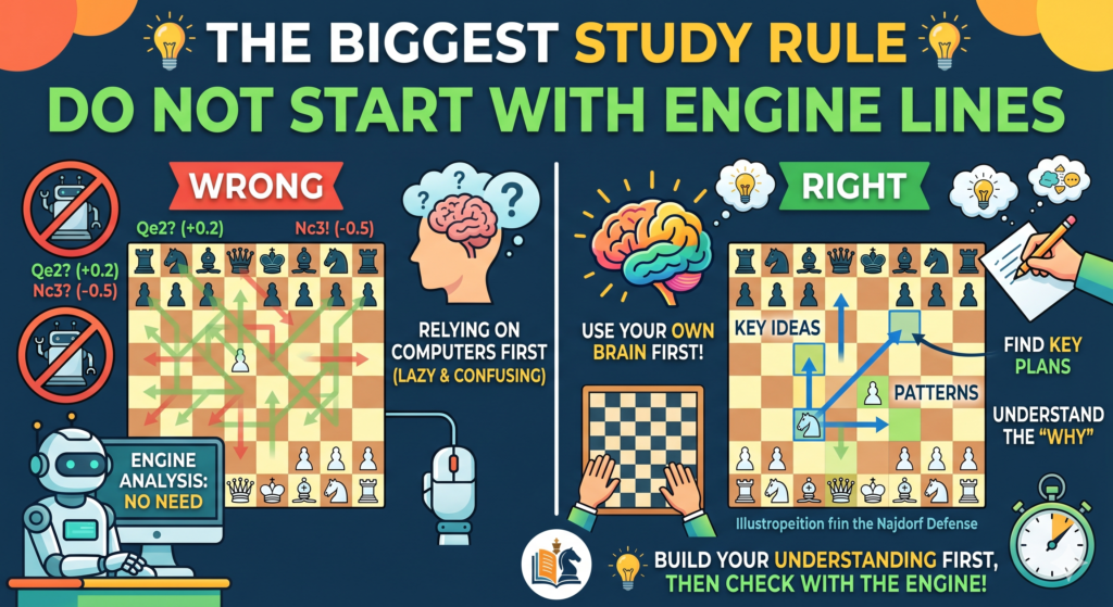 Many students make one big mistake when they study MVL. They open a game, turn on the engine, and look for the computer’s top move on every turn. That may feel serious, but it often hurts learning. The engine gives answers too fast. The child sees the move but does not build the thinking muscle that finds the move.