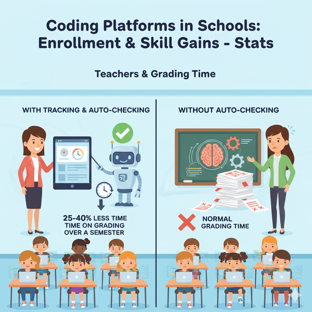 Auto-checking is great for basics, like “did the program run” or “did the student use a loop.” But it cannot fully measure creativity, clarity, or reasoning. So teachers should use auto-checking for routine tasks and keep a small human check for deeper work. 