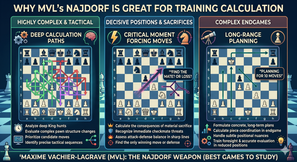 The Najdorf is a calculation school. It teaches students to look ahead, compare choices, and notice danger. This is not the same as guessing. Good calculation means checking forcing moves, seeing the opponent’s reply, and staying honest about the result.