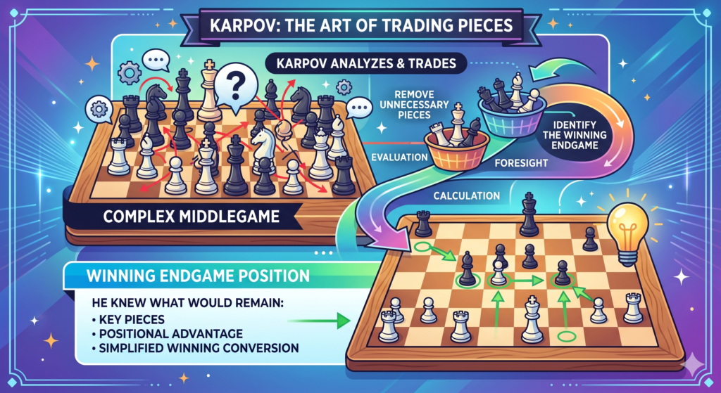 Piece trades look simple, but they are often the turning point of a game. Many beginners trade because they can. Karpov traded because he should. That is a huge difference. Before trading, he seemed to understand what the board would look like after the pieces came off.