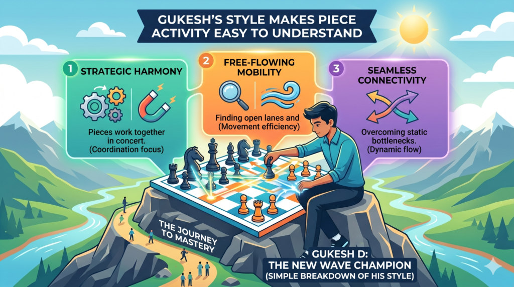 One thing that stands out in Gukesh’s games is how much he values active pieces. An active piece has a job. It attacks, defends, controls key squares, or helps a bigger plan. A sleeping piece does almost nothing. It sits in the corner, blocks another piece, or watches the game from far away.