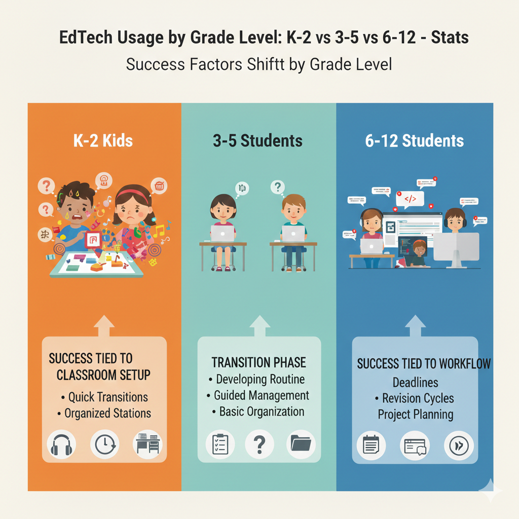 Keep the learning environment calm and repeatable. Headphones should be comfortable and the sound should be clear. The device should be ready before the child sits down, with the right app open. In classrooms, station routines should be predictable so children know what happens next. 