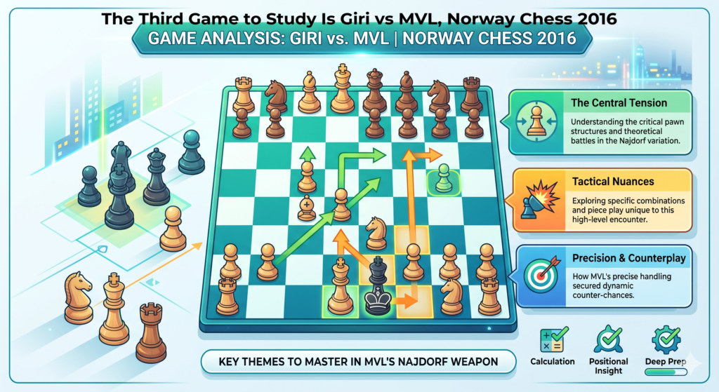 Anish Giri vs MVL from Norway Chess 2016 is a very good Najdorf game for students because Giri is known for being hard to beat. He is solid, well prepared, and very hard to trick. That makes the game even more useful.