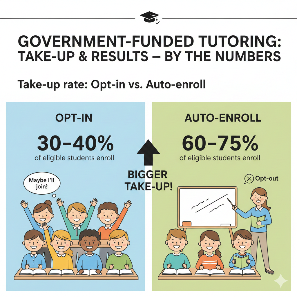 Announce auto-enrollment in morning assembly and in every class. Print cards with each student’s tutoring days and times. Ask teachers to read the card with the student and circle the route from the last class to the tutoring room.
