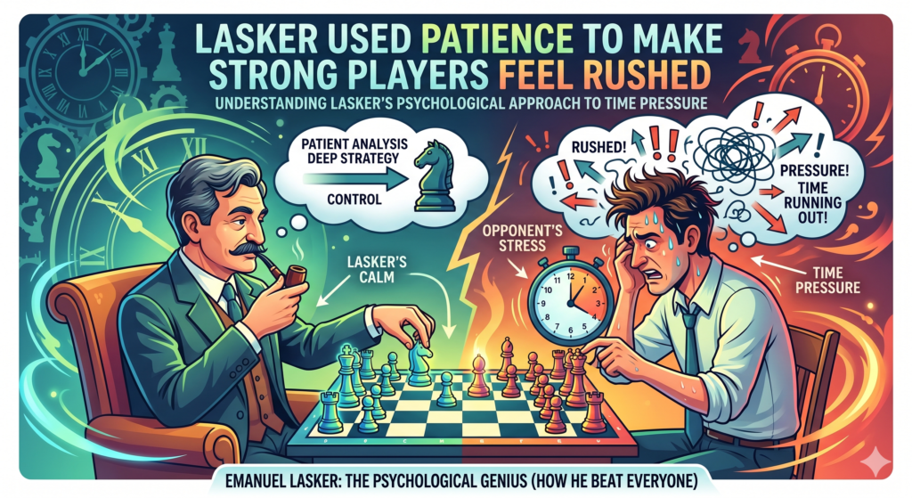 One of Lasker’s most powerful skills was patience. He did not need to win in ten moves. He did not need every game to look exciting from the start. He was willing to sit, defend, improve, wait, and let the other player feel the weight of the position.
