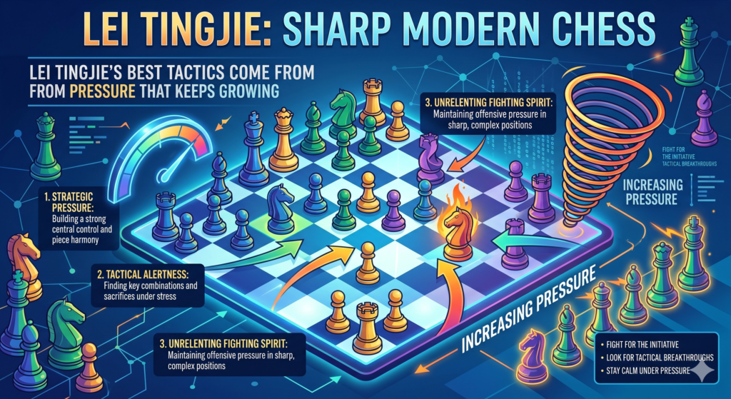 Tactics are not magic. They usually appear because one player has created enough pressure. Lei Tingjie’s games are full of this lesson. She can keep asking small questions with each move until the other side has to answer too many problems at once.