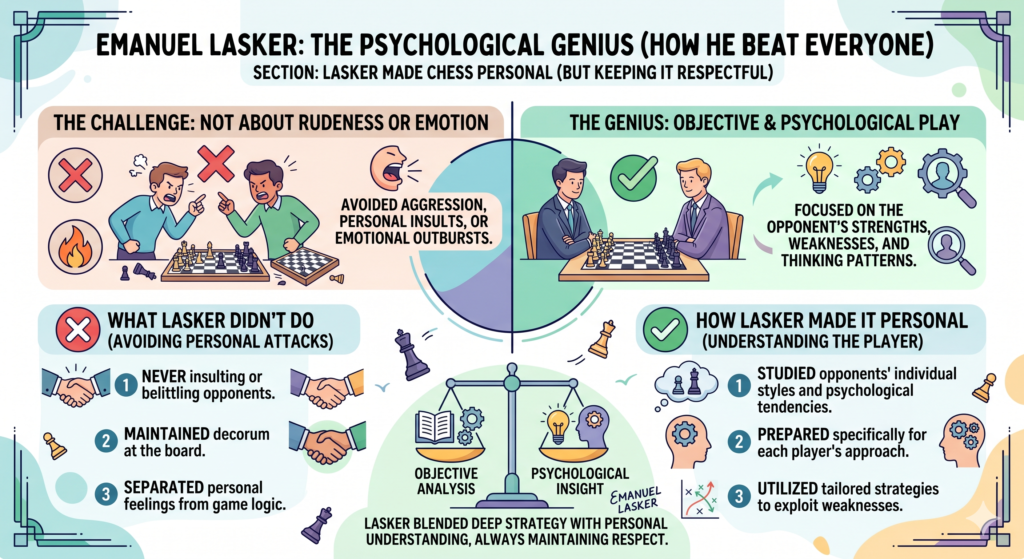 Lasker’s genius was not about insulting opponents or playing mind games outside the board. His psychology was much deeper. He studied style. He studied habits. He studied what each player liked and disliked. Then he guided the game toward the kind of fight where he had the better chance.