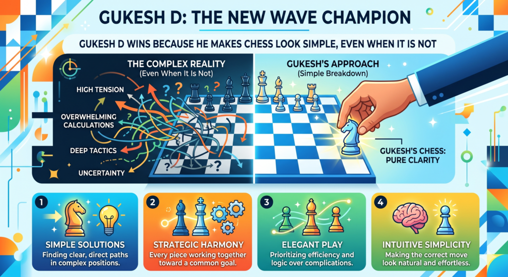 Gukesh D has a style that many young players can learn from because it is not built on wild tricks. His chess is strong because it is clean. He does not always try to attack right away. He first makes sure his pieces are ready, his king is safe, and his opponent has no easy plan. Then, when the right moment comes, he pushes.