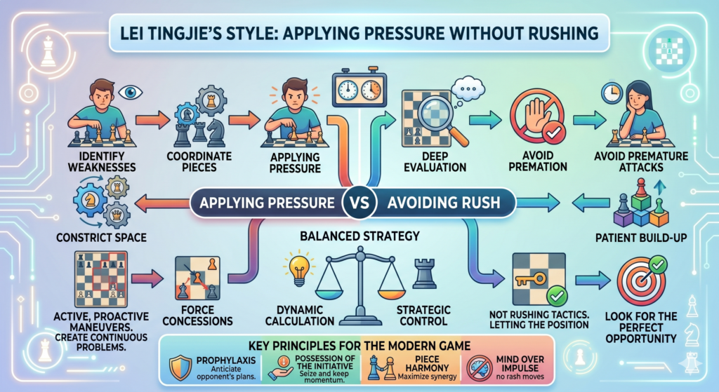 One of the hardest things in chess is keeping pressure without rushing. Many children create a good position, then get too excited. They force the attack too soon. They sacrifice without enough support. They trade pieces when they should keep the tension. They grab a pawn and let the opponent escape.