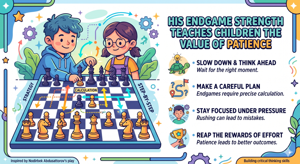 The endgame is where many children lose interest. There are fewer pieces. There are fewer tricks. The board can look quiet. But this is often where strong players show their real class. A small edge can become a win. A small mistake can become a loss. Patience matters more than drama.