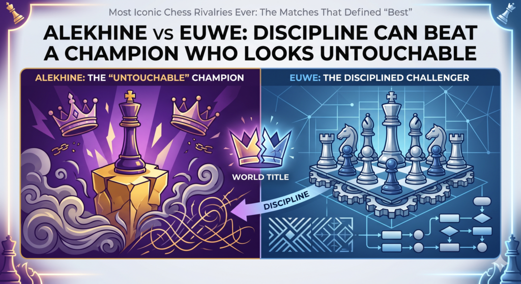 Alexander Alekhine was the world champion. He was feared, creative, and dangerous. Many players knew he could turn one small chance into a strong attack. Max Euwe was different. He was calm, steady, and deeply disciplined.
