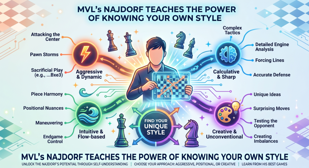 MVL’s opening choices show something very important. He knows what kind of player he is. He likes active pieces, clear counterplay, sharp fights, and deep calculation. The Najdorf fits him because it gives him all of that. This is why his games feel so natural. He is not forcing himself to play someone else’s chess.