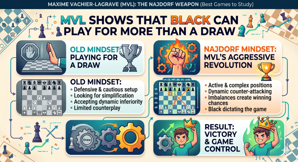 Many young players are taught that White starts first, so Black should just try to equalize. That is partly true, but it can create a weak mindset. If a child thinks Black is only “trying not to lose,” they may play too quietly. The Najdorf gives a different message. Black respects White’s first move, but Black also fights back.