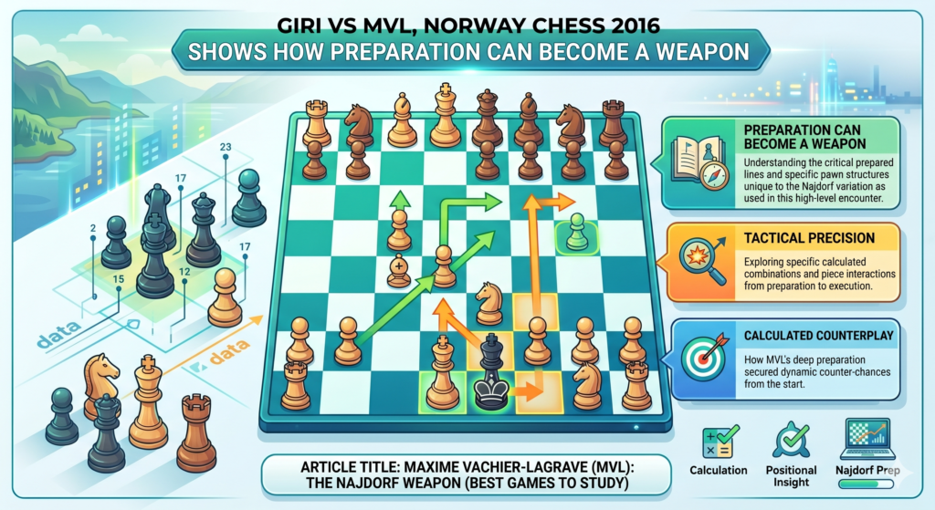 Giri vs MVL from Norway Chess 2016 is one of the most useful Najdorf games for students because it shows what happens when deep opening work meets brave over-the-board play.