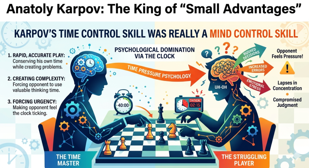 Karpov was not just strong when the board was simple. He was also strong when the clock made the game tense. This mattered because top chess is not only about knowing what to do. It is about staying clear when time is low, the position is hard, and one mistake can ruin hours of work.