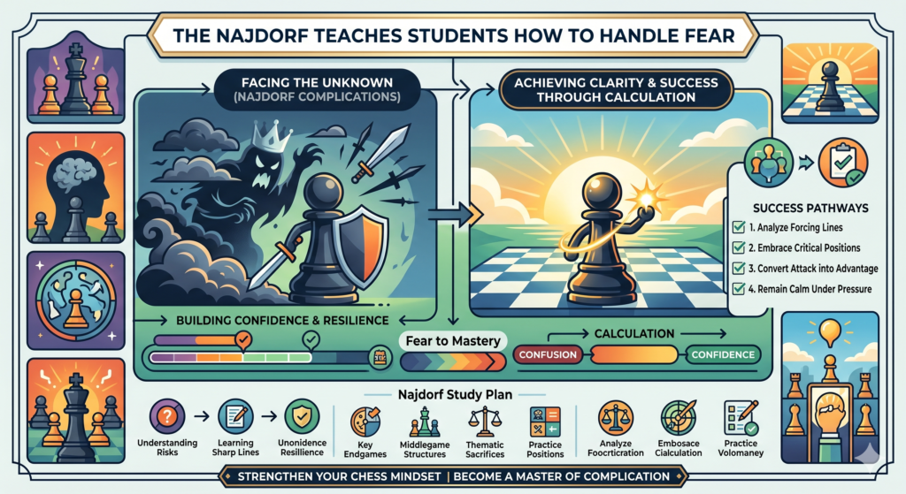 Sharp chess can feel scary. The opponent attacks your king. Pawns rush forward. Pieces point at weak squares. A child may feel pressure and move too fast just to escape the feeling. MVL’s Najdorf games are great because they show a calmer path.