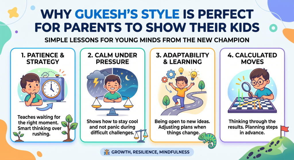Gukesh’s story is exciting because it feels fresh, but it is also useful because it teaches values that parents care about. His chess is not only about talent. It is about discipline, focus, patience, and belief. These are the same skills children need outside chess too.