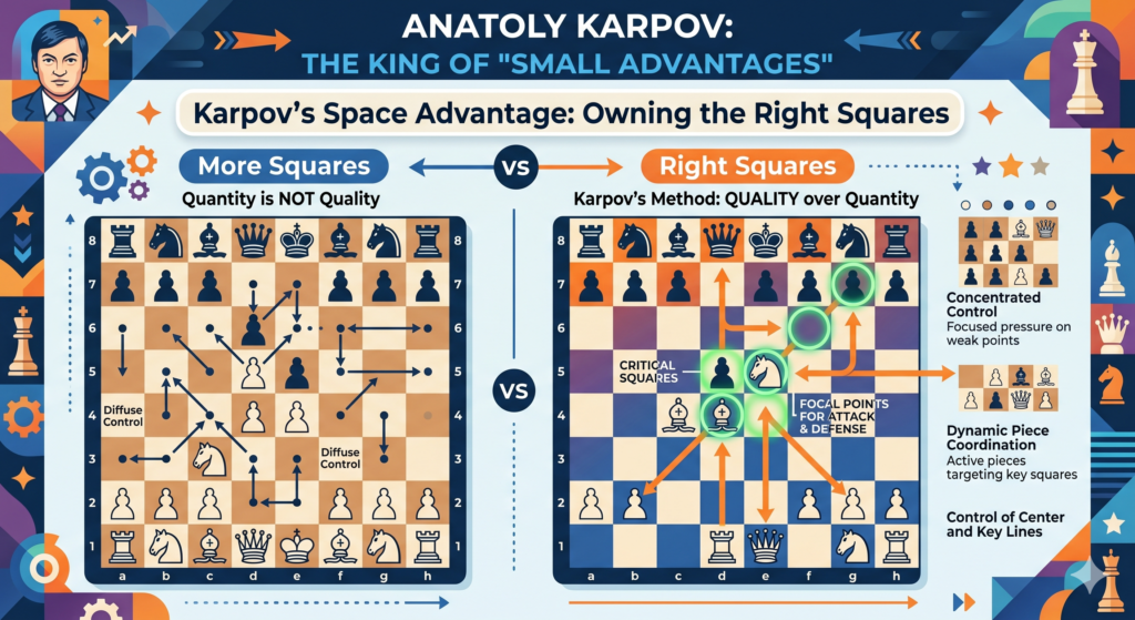 If a player pushes too many pawns without a plan, those pawns can become weak. Karpov’s space was different. He did not push just to look active. He pushed when the move took away a useful square from the other side.