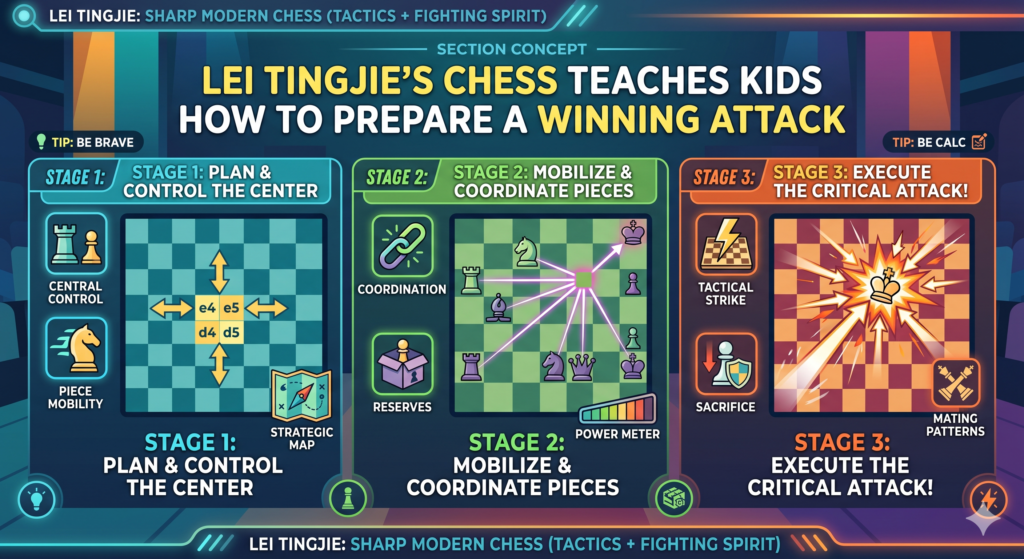 A winning attack is not just a checkmate trick. It is a plan that grows. Lei Tingjie’s games show this clearly. The attack often begins with better pieces, center control, weak squares, and pressure. Then, when the time is right, the tactics come.