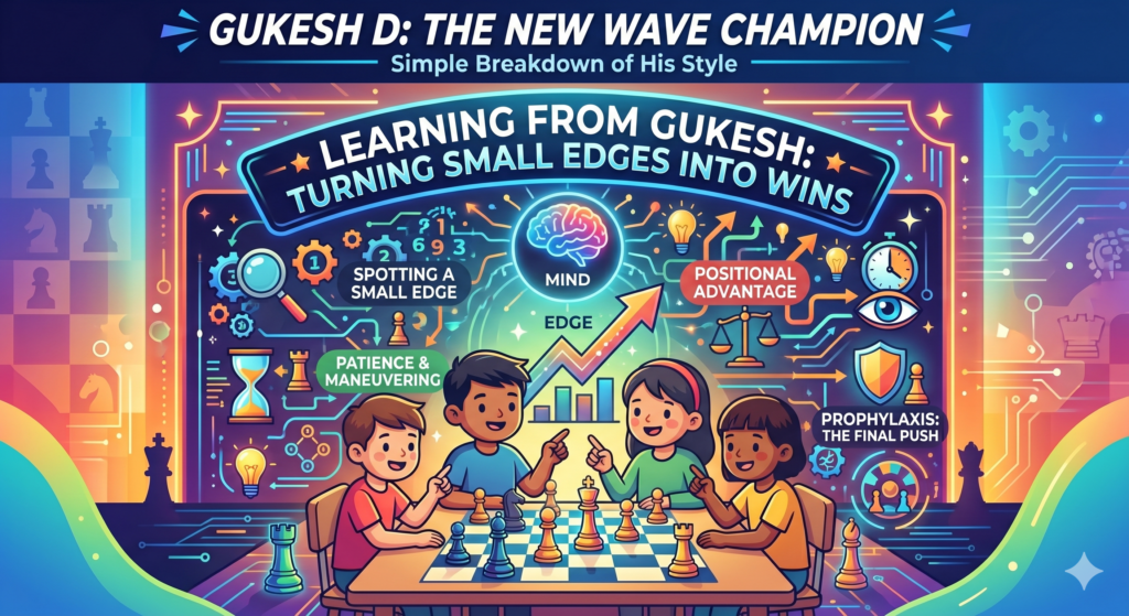 Many young players think a winning position must look huge. They expect to be up a queen, giving checks, or pushing a pawn to the end. But in strong chess, many wins begin with a tiny edge. Gukesh is excellent at turning small edges into real pressure.
