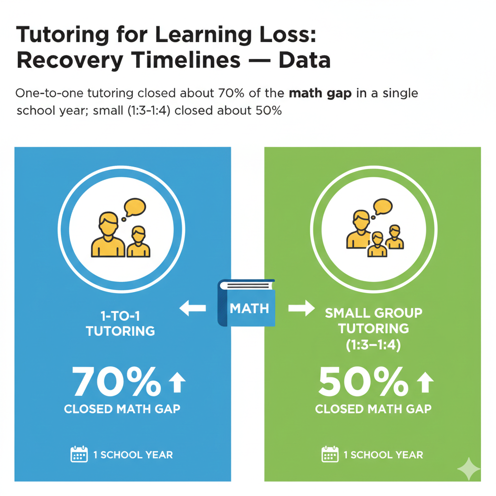 That is why one to one can close most of the gap in one year. Small group tutoring still works well and often costs less, but the time each child spends speaking, solving, and getting feedback is lower. The gains are real, yet smaller, because the tutor must split attention and adjust pace for multiple learners.