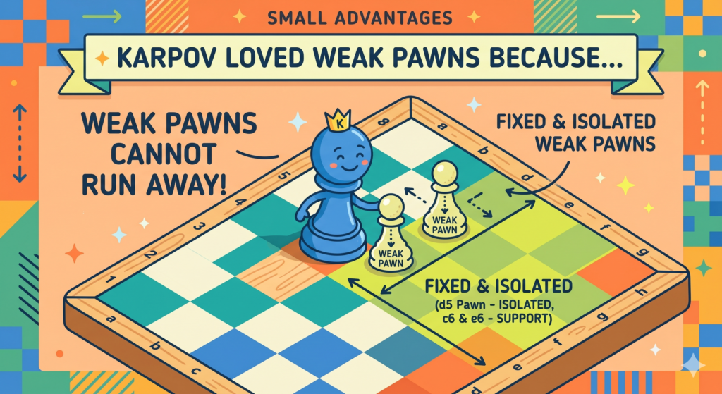 Karpov was a master at finding weak pawns. A weak pawn is not always lost right away. Sometimes it stays on the board for many moves. But that is exactly why it can be painful. If a player must defend one weak pawn for a long time, their pieces become tied down. 