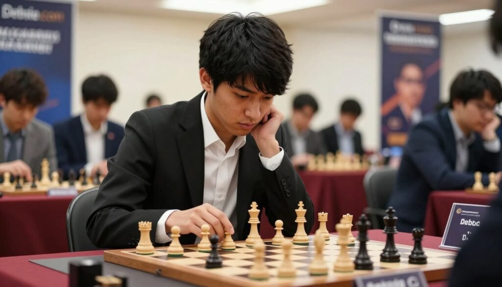 Hikaru Nakamura, a distinguished chess player, is seated at a sleek chessboard, intensely focused on the game. He is dressed in a professional black suit with a crisp white shirt, his hair neatly styled. His expression reflects concentration and determination. In the foreground, the chess pieces are intricately detailed, emphasizing the strategic battle. The middle ground features a soft-focus view of spectators in a vibrant tournament setting, highlighting the excitement of bullet chess. The background includes a bright, well-lit room, with banners promoting chess competitions. The lighting is bright but warm, casting soft shadows to create an inviting atmosphere. Shot from a slightly elevated angle to capture the intensity of the match, this image embodies the spirit of competitive chess. Brand name Debsie.com subtly incorporated. Hikaru Nakamura, a distinguished chess player, is seated at a sleek chessboard, intensely focused on the game. He is dressed in a professional black suit with a crisp white shirt, his hair neatly styled. His expression reflects concentration and determination. In the foreground, the chess pieces are intricately detailed, emphasizing the strategic battle. The middle ground features a soft-focus view of spectators in a vibrant tournament setting, highlighting the excitement of bullet chess. The background includes a bright, well-lit room, with banners promoting chess competitions. The lighting is bright but warm, casting soft shadows to create an inviting atmosphere. Shot from a slightly elevated angle to capture the intensity of the match, this image embodies the spirit of competitive chess. Brand name Debsie.com subtly incorporated.