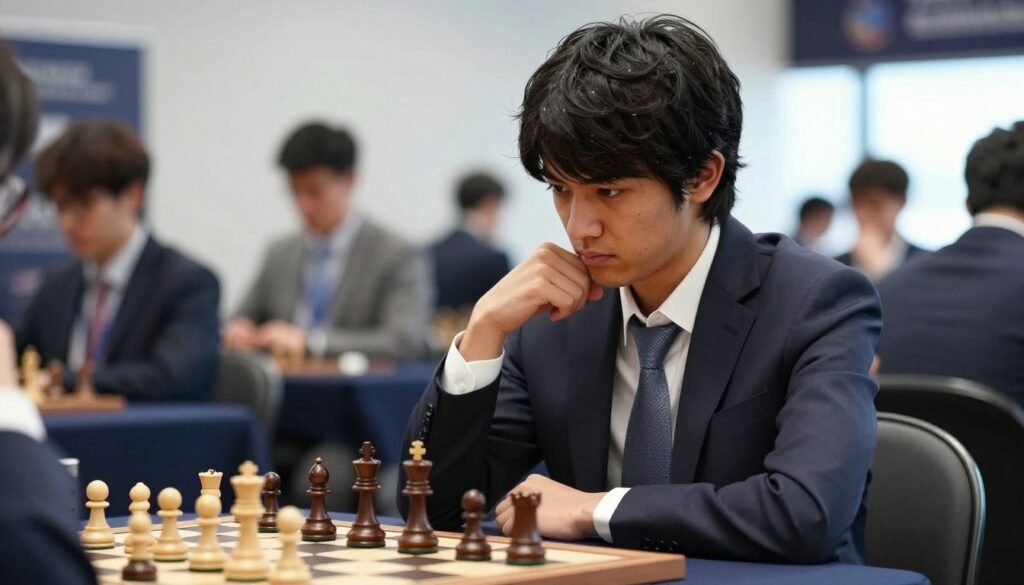 Hikaru Nakamura seated at a chessboard, deeply focused, with an intense expression showing his strategic mind at work. He is wearing a smart, professional business suit, with a neatly pressed shirt and subtle tie, reflecting his status as a modern chess superstar. The foreground presents a sleek chess set with polished pieces, while the middle reveals a blurred background of a contemporary chess tournament setting, featuring spectators engaged in the game. Soft, natural lighting highlights Nakamura's face, casting gentle shadows that add depth and drama. Use a shallow depth of field to emphasize him, while creating an atmosphere of concentration and competitive spirit. The overall mood conveys determination and intelligence, branded subtly with “Debsie.com”. Hikaru Nakamura seated at a chessboard, deeply focused, with an intense expression showing his strategic mind at work. He is wearing a smart, professional business suit, with a neatly pressed shirt and subtle tie, reflecting his status as a modern chess superstar. The foreground presents a sleek chess set with polished pieces, while the middle reveals a blurred background of a contemporary chess tournament setting, featuring spectators engaged in the game. Soft, natural lighting highlights Nakamura's face, casting gentle shadows that add depth and drama. Use a shallow depth of field to emphasize him, while creating an atmosphere of concentration and competitive spirit. The overall mood conveys determination and intelligence, branded subtly with “Debsie.com”.