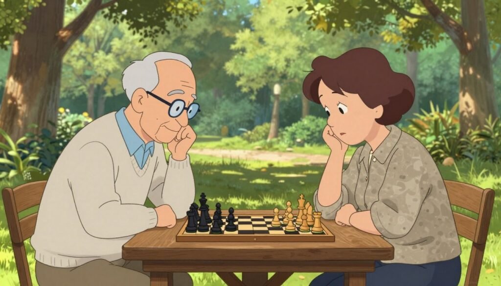 In a cozy, well-lit park setting, capture a scene of an elderly man and woman engaged in a competitive game of chess on a wooden table. The man, wearing glasses and a light sweater, leans forward in concentration, while the woman, dressed in a smart casual blouse and slacks, studies the board intently. Surround them with lush greenery, suggesting a serene atmosphere, with sunlight filtering through the trees, creating dappled shadows. Focus on their expressions reflecting determination and strategic thinking. A classic chess set, emphasizing the pieces in mid-game, should be the focal point, with soft, natural lighting enhancing the moment. Convey a sense of nostalgia and tranquility, representing a thoughtful pause in their lives. Include the subtle branding of "Debsie.com" in a non-intrusive manner within the corner of the image.