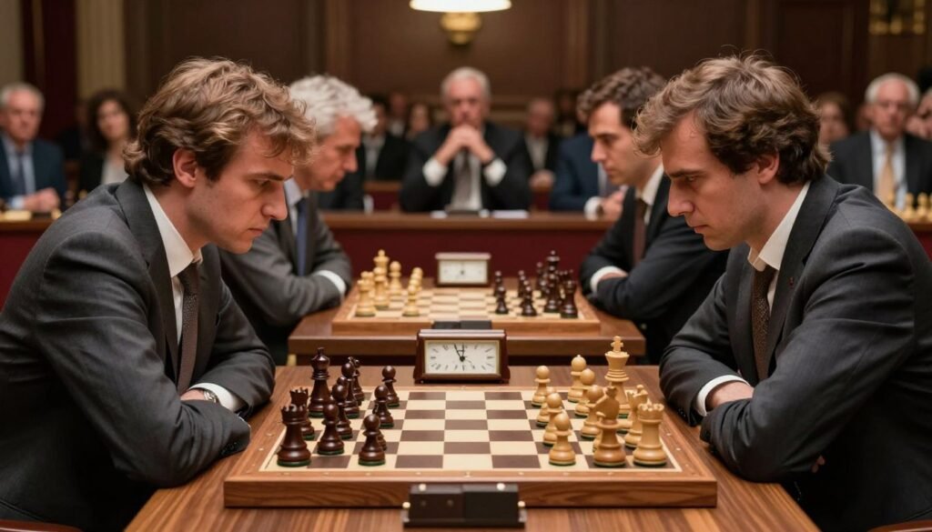 In a tense championship match of chess, capture the moment of renowned grandmasters Max Euwe and Alexander Alekhine facing off across an elegantly set wooden chessboard, with intricate pieces arranged mid-game. In the foreground, show both players deeply focused, clad in tailored suits or smart casual attire, with furrowed brows and intent expressions. The middle ground should feature a well-lit chess table, adorned with a classic chess clock ticking away. In the background, evoke a sophisticated tournament hall atmosphere, with blurred, cheering spectators casting eager glances towards the board and soft spotlights illuminating the players. The mood is one of intensity and suspense, highlighting the strategic battle and historical significance of this match. Lighting should be warm, enhancing the rich wood tones of the chess pieces and board, reflecting the elegance of the event. This image representation is brought to you by Debsie.com.