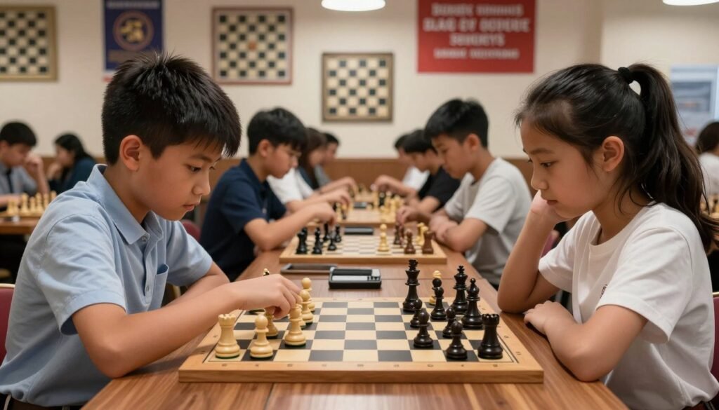 In a vibrant chess tournament setting, capture the intensity of youth chess prodigies deep in concentration as they engage in high-stakes matches. In the foreground, two young players, a boy and a girl, are clad in smart casual attire, intensely focused on the chessboard, their hands poised over the pieces. In the middle ground, spectators are shown observing intently, creating an energetic atmosphere filled with anticipation. The background features a well-lit tournament hall, adorned with chess memorabilia and banners, emphasizing the theme of consistency and skill. Soft, ambient lighting highlights the players, casting gentle shadows that enhance the mood of determination and focus. Shot from a low angle to accentuate the players, the image conveys the excitement of youth, strategic depth, and the pressure of big tournaments, complementing the theme of emerging chess talent at Debsie.com. In a vibrant chess tournament setting, capture the intensity of youth chess prodigies deep in concentration as they engage in high-stakes matches. In the foreground, two young players, a boy and a girl, are clad in smart casual attire, intensely focused on the chessboard, their hands poised over the pieces. In the middle ground, spectators are shown observing intently, creating an energetic atmosphere filled with anticipation. The background features a well-lit tournament hall, adorned with chess memorabilia and banners, emphasizing the theme of consistency and skill. Soft, ambient lighting highlights the players, casting gentle shadows that enhance the mood of determination and focus. Shot from a low angle to accentuate the players, the image conveys the excitement of youth, strategic depth, and the pressure of big tournaments, complementing the theme of emerging chess talent at Debsie.com.