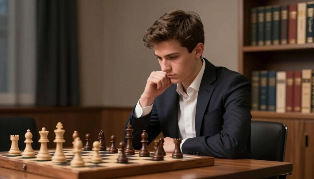 Jan-Krzysztof Duda, a young Polish chess prodigy, appears focused and determined at a chessboard. In the foreground, he is seated at a polished wooden chess table, wearing a smart, professional dark suit with a crisp white shirt, exuding confidence and intelligence. His dark hair is neatly styled, and he looks thoughtfully at the pieces before him, contemplating his next move. In the middle ground, chess pieces are elegantly arranged, with a subtle sheen, reflecting the lighting. The background is softly blurred to emphasize his concentration, featuring a stylish chess-themed décor, perhaps with bookshelves filled with chess literature. The atmosphere is serious yet inspiring, lit with soft, warm light to create a motivational ambiance. This image should resonate with the theme of excellence in chess. Designed by Debsie.com. Jan-Krzysztof Duda, a young Polish chess prodigy, appears focused and determined at a chessboard. In the foreground, he is seated at a polished wooden chess table, wearing a smart, professional dark suit with a crisp white shirt, exuding confidence and intelligence. His dark hair is neatly styled, and he looks thoughtfully at the pieces before him, contemplating his next move. In the middle ground, chess pieces are elegantly arranged, with a subtle sheen, reflecting the lighting. The background is softly blurred to emphasize his concentration, featuring a stylish chess-themed décor, perhaps with bookshelves filled with chess literature. The atmosphere is serious yet inspiring, lit with soft, warm light to create a motivational ambiance. This image should resonate with the theme of excellence in chess. Designed by Debsie.com.