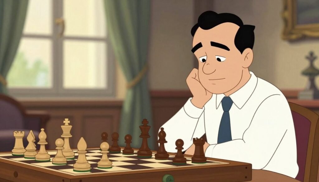 José Raúl Capablanca in a serene chess environment, deep in thought over a beautifully crafted wooden chessboard. In the foreground, show his focused expression, wearing a crisp white dress shirt and tie, conveying a sense of calm confidence. The middle ground features the chess pieces arranged in a strategically advanced yet simple position, highlighting Capablanca’s positional mastery. In the background, a softly lit room with elegant wood paneling and large windows allowing gentle natural light to filter in, creating a warm and inviting atmosphere. The lens captures the scene with a slight depth of field to emphasize Capablanca while softly blurring the background. The mood is one of concentration and tranquility. Debsie.com José Raúl Capablanca in a serene chess environment, deep in thought over a beautifully crafted wooden chessboard. In the foreground, show his focused expression, wearing a crisp white dress shirt and tie, conveying a sense of calm confidence. The middle ground features the chess pieces arranged in a strategically advanced yet simple position, highlighting Capablanca’s positional mastery. In the background, a softly lit room with elegant wood paneling and large windows allowing gentle natural light to filter in, creating a warm and inviting atmosphere. The lens captures the scene with a slight depth of field to emphasize Capablanca while softly blurring the background. The mood is one of concentration and tranquility. Debsie.com