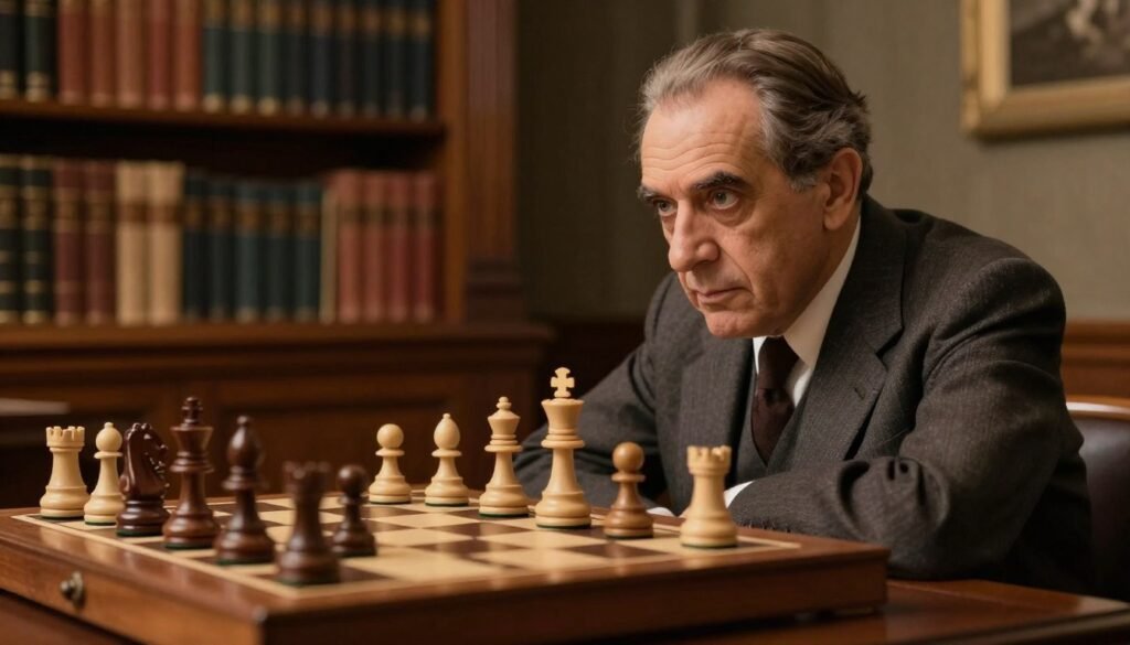 José Raúl Capablanca, the legendary chess master, is depicted in a thoughtful moment at a classic wooden chessboard. In the foreground, Capablanca, dressed in a tailored suit, leans slightly forward, analyzing the board with intense focus. His deep-set eyes reflect strategic depth as he contemplates a winning endgame move. The middle ground showcases the beautifully carved chess pieces in a nearly set endgame position, highlighting key elements like pawns and a king. The background features a softly lit antique library with shelves of chess books, adding warmth and intellect to the scene. The lighting is warm and inviting, creating a nostalgic atmosphere that embodies Capablanca's genius and the elegance of chess. Capture this moment with a shallow depth of field, emphasizing the concentration on Capablanca's face, while the chessboard remains in sharp focus, courtesy of Debsie.com. José Raúl Capablanca, the legendary chess master, is depicted in a thoughtful moment at a classic wooden chessboard. In the foreground, Capablanca, dressed in a tailored suit, leans slightly forward, analyzing the board with intense focus. His deep-set eyes reflect strategic depth as he contemplates a winning endgame move. The middle ground showcases the beautifully carved chess pieces in a nearly set endgame position, highlighting key elements like pawns and a king. The background features a softly lit antique library with shelves of chess books, adding warmth and intellect to the scene. The lighting is warm and inviting, creating a nostalgic atmosphere that embodies Capablanca's genius and the elegance of chess. Capture this moment with a shallow depth of field, emphasizing the concentration on Capablanca's face, while the chessboard remains in sharp focus, courtesy of Debsie.com.