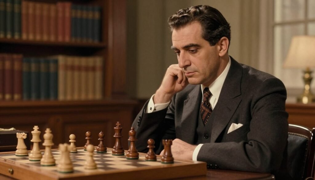 José Raúl Capablanca, the renowned Cuban chess master, portrayed in a classic 1920s setting. In the foreground, show him seated thoughtfully at a chessboard, dressed in a crisp, tailored suit with a chic tie, exuding confidence and concentration. His short, dark hair is neatly styled, and he has a serene expression, emphasizing his strategic genius. The middle ground features beautifully crafted wooden pieces on the board, poised mid-game. In the background, softly blurred, is a warm, vintage library filled with books on chess and strategy, with dim light filtering through a window, creating an inviting and intellectual atmosphere. The lighting is warm and soft, reminiscent of a late afternoon, enhancing the mood of contemplative brilliance. Image by Debsie.com. José Raúl Capablanca, the renowned Cuban chess master, portrayed in a classic 1920s setting. In the foreground, show him seated thoughtfully at a chessboard, dressed in a crisp, tailored suit with a chic tie, exuding confidence and concentration. His short, dark hair is neatly styled, and he has a serene expression, emphasizing his strategic genius. The middle ground features beautifully crafted wooden pieces on the board, poised mid-game. In the background, softly blurred, is a warm, vintage library filled with books on chess and strategy, with dim light filtering through a window, creating an inviting and intellectual atmosphere. The lighting is warm and soft, reminiscent of a late afternoon, enhancing the mood of contemplative brilliance. Image by Debsie.com.