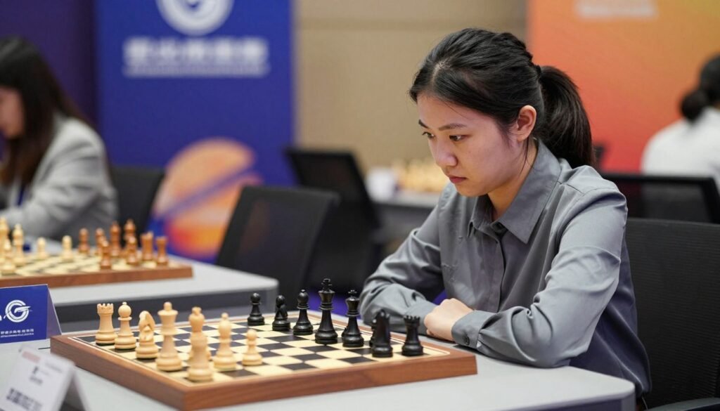 Ju Wenjun, a focused and determined female chess player, is seated at a sleek, modern chess table with an intense expression, as she analyzes her next move. She wears a professional blouse, exuding confidence and poise. The foreground captures her engaged look, while the chess pieces are intricately crafted, showcasing the intensity of the game. In the middle ground, a chessboard filled with mid-game pieces is prominently displayed. The background features soft, blurred elements of a chess tournament setting, with subtle details like banners or spectators, creating a vibrant yet serious atmosphere. The lighting is warm and balanced, highlighting her features with a slight depth of field effect, reminiscent of a high-end portrait photo. This image emphasizes Ju Wenjun's pivotal role in the evolving landscape of women’s chess. Debsie.com
