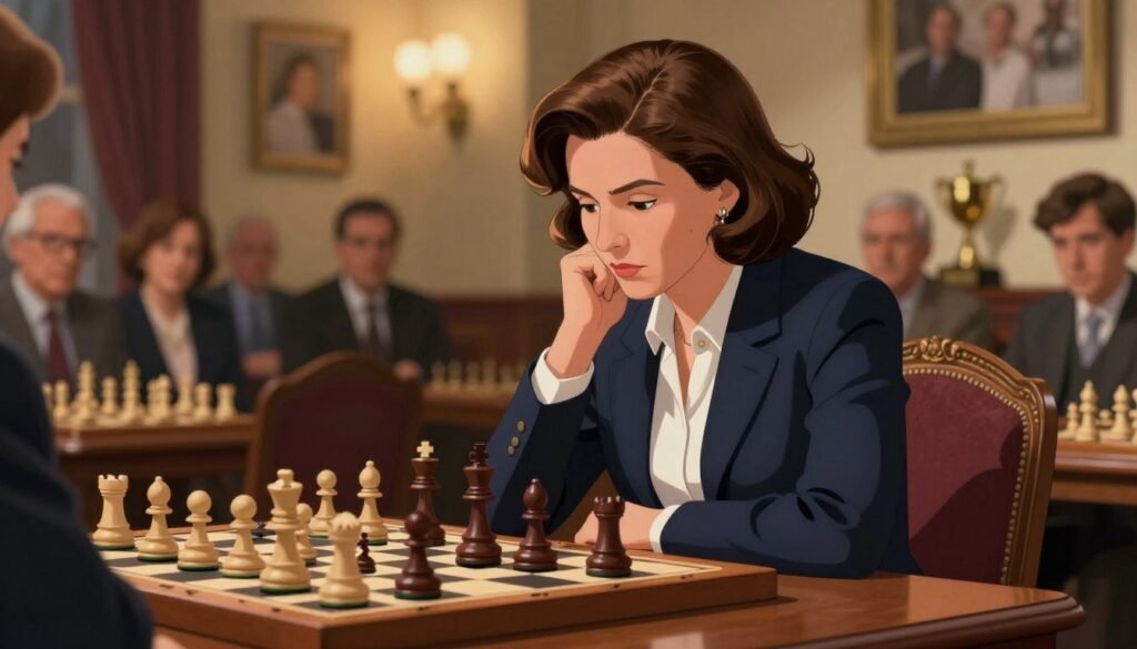 Judit Polgár, the legendary chess player, is depicted seated at an elegant wooden chess table, intensely focused on a chess match. She is wearing a smart, professional navy blazer over a white blouse, embodying the spirit of competitive intelligence. The foreground features a chessboard with intricate pieces in mid-game, emphasizing her analytical prowess. In the middle ground, softly blurred spectators watch attentively, creating a sense of anticipation. The background is a warm, softly lit room adorned with chess trophies and framed photographs, reflecting her prestigious career. The lighting highlights her thoughtful expression, while a slight spotlight creates a dramatic effect. The overall atmosphere conveys respect and admiration for one of the greatest minds in chess, suitable for an article illustration by Debsie.com.