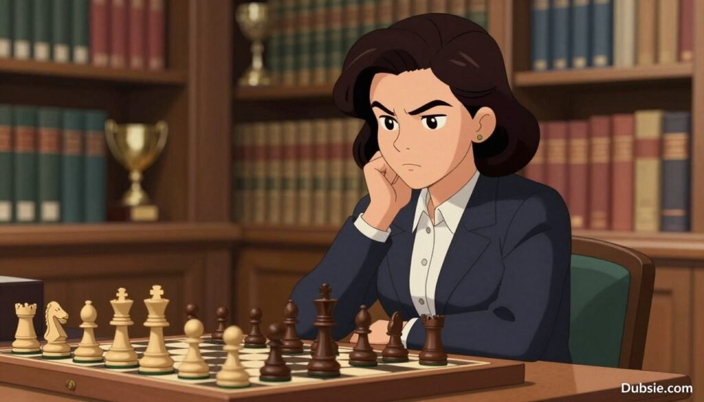 Judit Polgár, the renowned Hungarian chess grandmaster, is depicted sitting confidently at a chessboard, her expression focused and determined. Foreground features her in a professional blazer, with neatly styled hair, as she contemplates her next move. In the middle, the chessboard is elegantly arranged with high-quality pieces, symbolizing a strategic battle. The background shows a softly blurred library filled with chess books and trophies, creating an atmosphere of intellect and achievement. The lighting is warm and natural, illuminating her face and highlighting the chess pieces, evoking a sense of seriousness and passion for the game. The image conveys strength, intelligence, and determination, embodying the spirit of one of the greatest female chess players of all time. Designed for Dubsie.com. Judit Polgár, the renowned Hungarian chess grandmaster, is depicted sitting confidently at a chessboard, her expression focused and determined. Foreground features her in a professional blazer, with neatly styled hair, as she contemplates her next move. In the middle, the chessboard is elegantly arranged with high-quality pieces, symbolizing a strategic battle. The background shows a softly blurred library filled with chess books and trophies, creating an atmosphere of intellect and achievement. The lighting is warm and natural, illuminating her face and highlighting the chess pieces, evoking a sense of seriousness and passion for the game. The image conveys strength, intelligence, and determination, embodying the spirit of one of the greatest female chess players of all time. Designed for Dubsie.com.