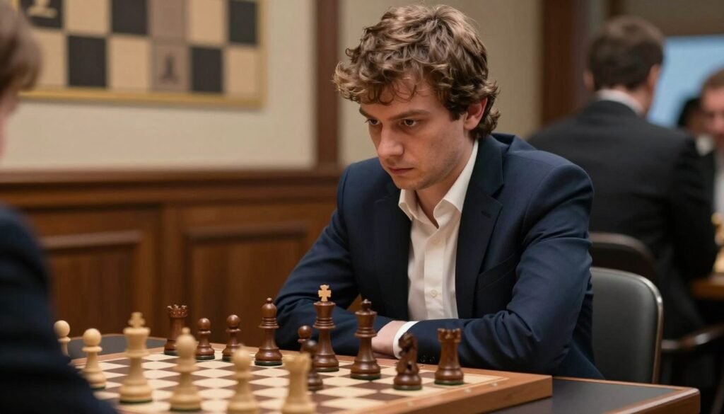 Magnus Carlsen sitting at a chessboard, his intense gaze focused on the pieces ahead. He is dressed in a tailored navy blazer over a crisp white shirt, exuding a sense of professionalism and determination. The foreground features a close-up of the chessboard adorned with intricately carved pieces, symbolizing strategy and conflict. In the middle ground, a softly lit room with wooden accents and a subtle chess-themed décor enhances the atmosphere of intellectual rivalry. The background hints at a tournament setting with blurred silhouettes of spectators, adding depth to the scene. The lighting is warm and inviting, casting soft shadows that emphasize Magnus's contemplative expression. The mood reflects tension and anticipation, capturing the essence of his rivalry with Viswanathan Anand. Image credit: Debsie.com.
