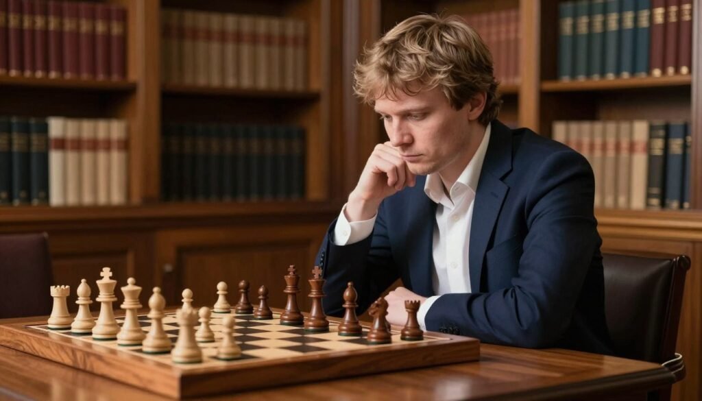 Magnus Carlsen, the renowned chess Grandmaster, is depicted in a thoughtful pose, sitting at a stylish wooden chess table adorned with a classic chess set. His attire is professional, featuring a sharp navy blazer and a crisp white shirt, radiating confidence and intellect. The foreground showcases Carlsen deep in concentration, with a chess piece in his hand, ready to make a decisive move. The middle ground features the richly detailed chessboard and pieces, symbolizing strategy and competition. In the background, softly blurred, are lush bookshelves filled with chess literature, creating an atmosphere of learning and mastery. Warm, natural lighting illuminates the scene, casting gentle shadows that enhance the sophistication of the setting. The overall mood is introspective and serious, reflecting Carlsen’s dominance in the chess world. Image by Debsie.com. Magnus Carlsen, the renowned chess Grandmaster, is depicted in a thoughtful pose, sitting at a stylish wooden chess table adorned with a classic chess set. His attire is professional, featuring a sharp navy blazer and a crisp white shirt, radiating confidence and intellect. The foreground showcases Carlsen deep in concentration, with a chess piece in his hand, ready to make a decisive move. The middle ground features the richly detailed chessboard and pieces, symbolizing strategy and competition. In the background, softly blurred, are lush bookshelves filled with chess literature, creating an atmosphere of learning and mastery. Warm, natural lighting illuminates the scene, casting gentle shadows that enhance the sophistication of the setting. The overall mood is introspective and serious, reflecting Carlsen’s dominance in the chess world. Image by Debsie.com.
