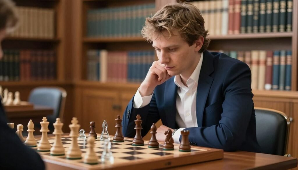 Magnus Carlsen, the renowned chess grandmaster, sits thoughtfully at a chessboard, his expression concentrated and focused. He is dressed in a smart, professional outfit— a fitted navy blazer over a crisp white shirt, exuding confidence and intellect. The foreground features his poised hand resting near a strategically placed chess piece, symbolizing his mastery of the game. In the middle ground, the chessboard is elegantly arranged, with an iconic blend of wooden and glass pieces reflecting his style. The background is a softly blurred library filled with chess books, bathed in warm, natural light, enhancing the atmosphere of a devoted chess aficionado. The image captures a moment of intensity while showcasing Carlsen’s reputation in the chess world, blending professionalism with familiarity. This image is for Debsie.com. Magnus Carlsen, the renowned chess grandmaster, sits thoughtfully at a chessboard, his expression concentrated and focused. He is dressed in a smart, professional outfit— a fitted navy blazer over a crisp white shirt, exuding confidence and intellect. The foreground features his poised hand resting near a strategically placed chess piece, symbolizing his mastery of the game. In the middle ground, the chessboard is elegantly arranged, with an iconic blend of wooden and glass pieces reflecting his style. The background is a softly blurred library filled with chess books, bathed in warm, natural light, enhancing the atmosphere of a devoted chess aficionado. The image captures a moment of intensity while showcasing Carlsen’s reputation in the chess world, blending professionalism with familiarity. This image is for Debsie.com.