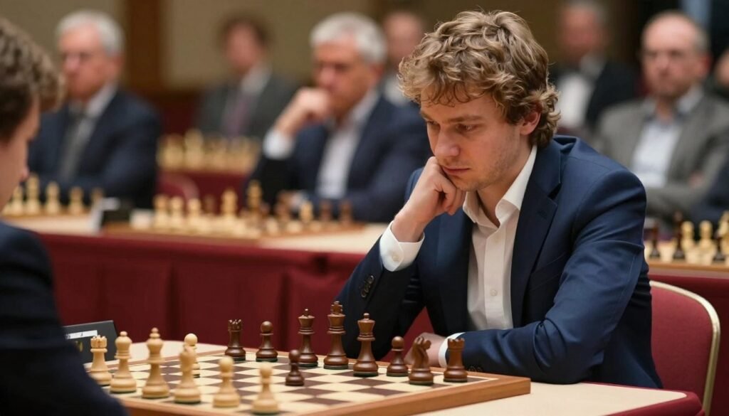 Magnus Carlsen, the renowned chess grandmaster, sits thoughtfully at a wooden chessboard, displaying a confident yet contemplative expression. He is dressed in a stylish, navy-blue blazer over a crisp white shirt, embodying professionalism and intelligence. The foreground captures his focused gaze as he studies the game, while strategically placed chess pieces highlight the strategic nature of chess. In the middle ground, an elegantly designed chess tournament setting with soft lighting creates an intense atmosphere. The background features blurred images of captivated spectators, emphasizing the significance of this moment. The overall mood is one of tension and concentration, encapsulating Carlsen's relentless consistency during the 2010s. The image has a warm, inviting glow, taken with a soft-focus lens to enhance the intimate feel of the scene. Designed for Debsie.com. Magnus Carlsen, the renowned chess grandmaster, sits thoughtfully at a wooden chessboard, displaying a confident yet contemplative expression. He is dressed in a stylish, navy-blue blazer over a crisp white shirt, embodying professionalism and intelligence. The foreground captures his focused gaze as he studies the game, while strategically placed chess pieces highlight the strategic nature of chess. In the middle ground, an elegantly designed chess tournament setting with soft lighting creates an intense atmosphere. The background features blurred images of captivated spectators, emphasizing the significance of this moment. The overall mood is one of tension and concentration, encapsulating Carlsen's relentless consistency during the 2010s. The image has a warm, inviting glow, taken with a soft-focus lens to enhance the intimate feel of the scene. Designed for Debsie.com.